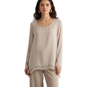 NWT Gold Hawk 100% Silk Tunic Top SZ L Beige Scoop Neck Long Sleeve Lagenlook